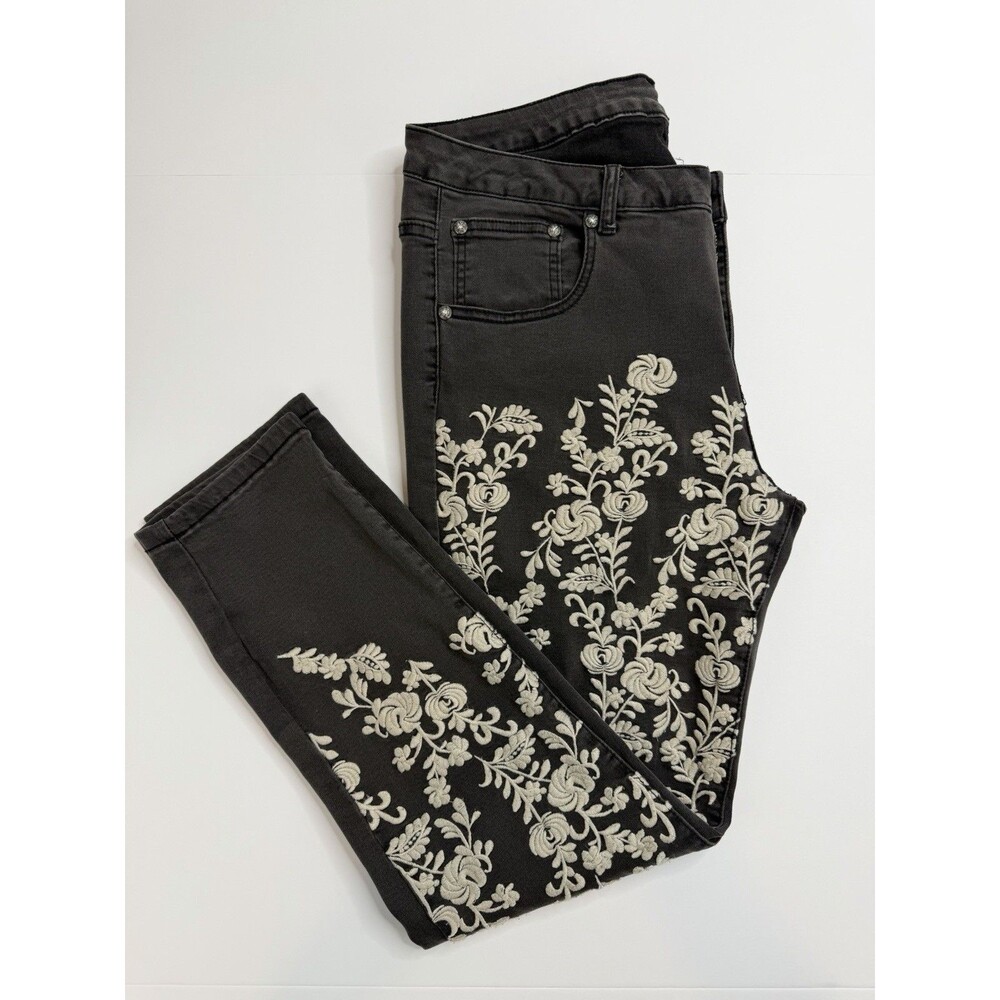 V Cristina Embroidered Jeans Womens 12 Black Floral High Rise Skinny Ankle Artsy - Picture 5 of 8